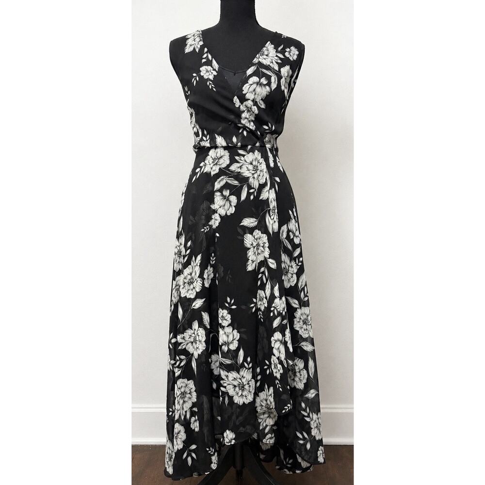 Calvin Klein Floral High Low Dress Womens 10 Black White Chiffon Sleeveless Midi